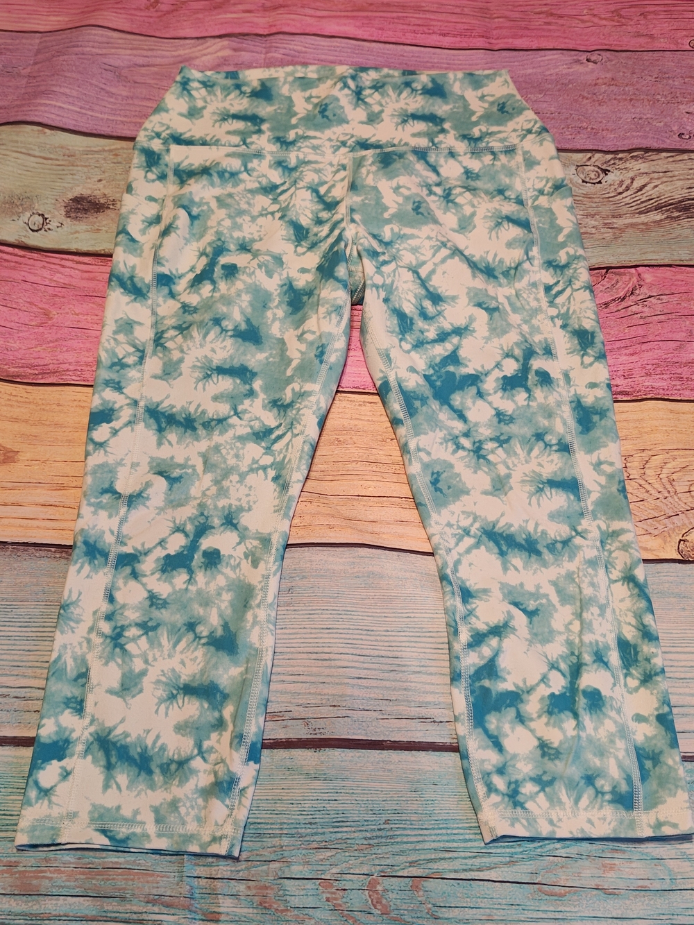 RBX Women's Teal and White Tie-Dye Capri Active Leggings #KJ62